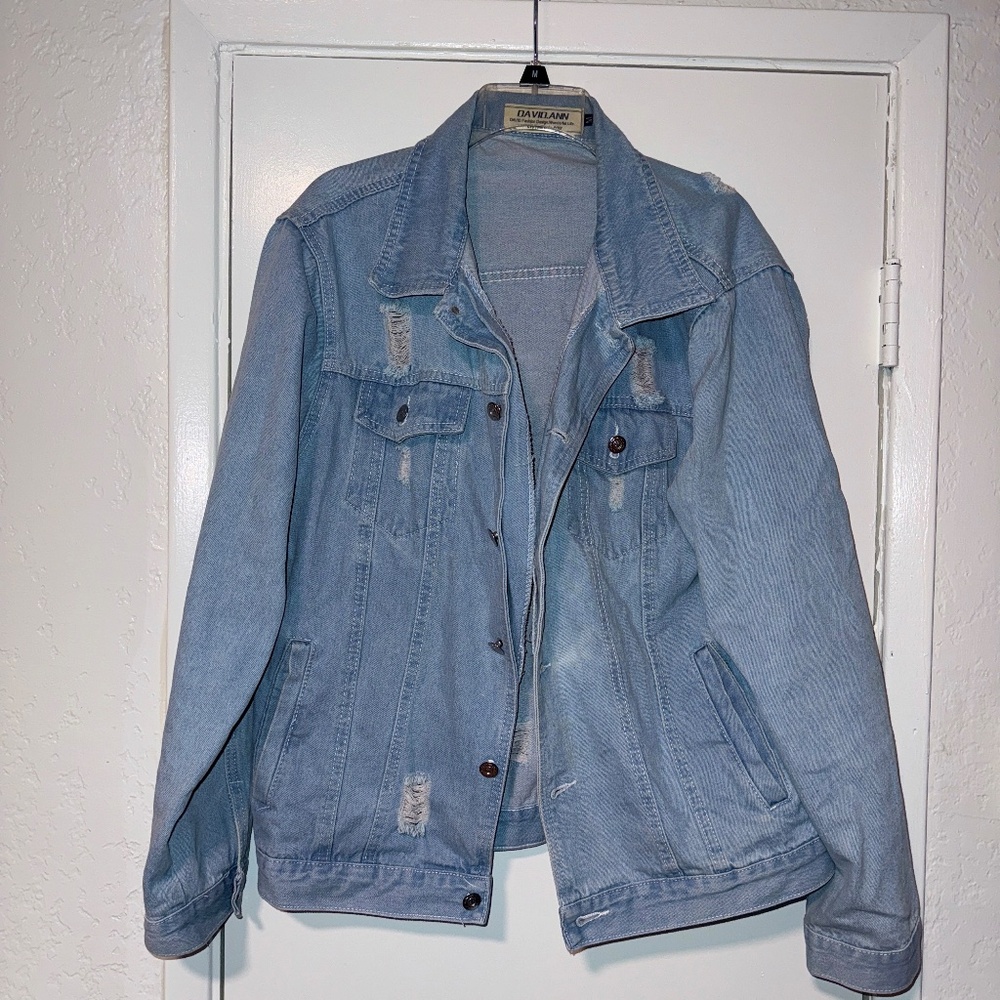 DAVID.ANN Men's Denim Jacket Classic Ripped Jean Coat Jacket with Holes,Blue,Med